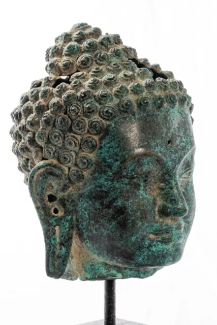 Antique Thai Style Mounted Dvaravati Bronze Buddha Head Statue - 20cm/8" 3