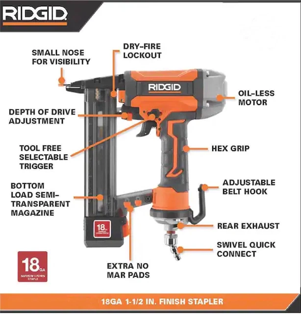 RIDGID PNEUMATIC 18 Ga 1.5" Finish Stapler Finishing New R150Fsf Air