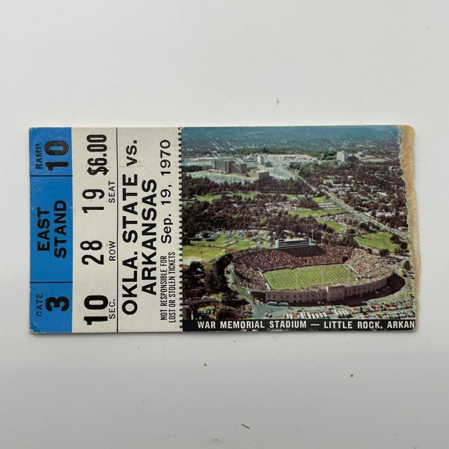1970 Arkansas Vs Oklahoma State Ticket Stub Played at War Memorial Stadium AR