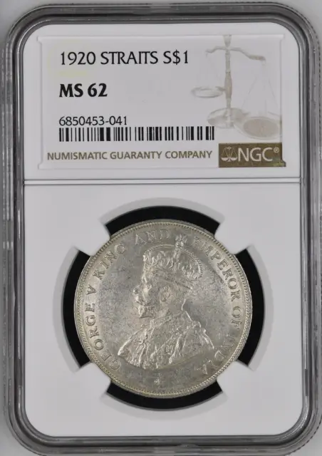 :1920 S$1 Silver Dollar George-V Straits Settlements Ngc Ms62 Rare Blast White