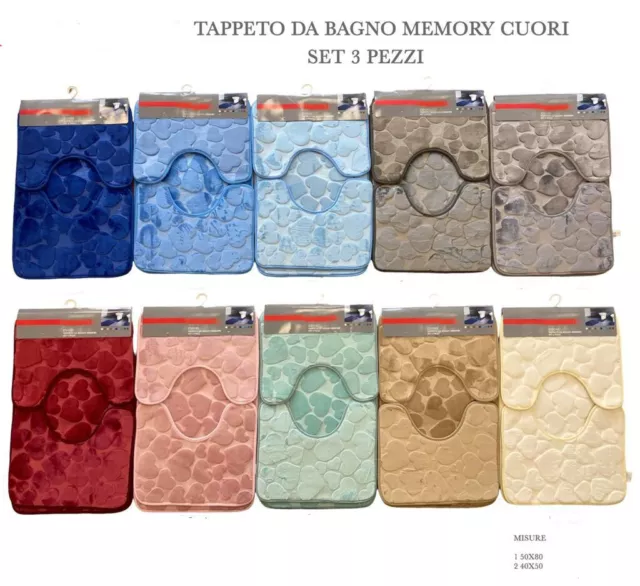 Tappeto Bagno Cuori Set 3 pezzi Antiscivolo memory Qualità Made in italy