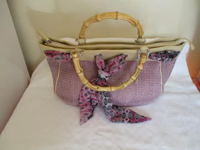 Sac à main femme neuf dés en rose/mauve et beige, 2 poignées style canne en bambou 2