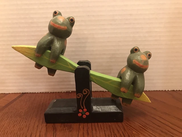 Vintage Wood Toy. Frogs on a Teeter Totter, See Saw. Handmade
