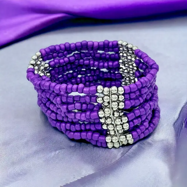 Regal Beaded Boho Bracelet Purple Glass Silver Tone Accent Vibrant Cuff Jewelry