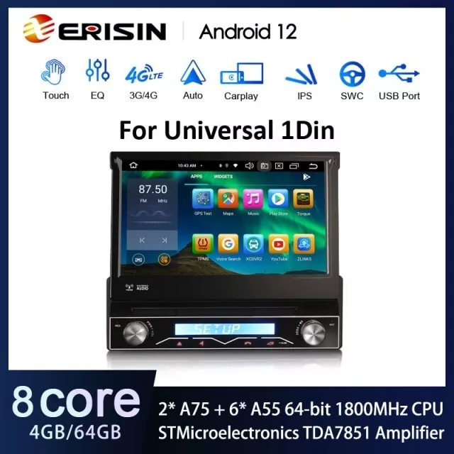 Erisin ES8588U Autoradio GPS 1 din Android 12 Wifi 4G DVD Carplay Voiture