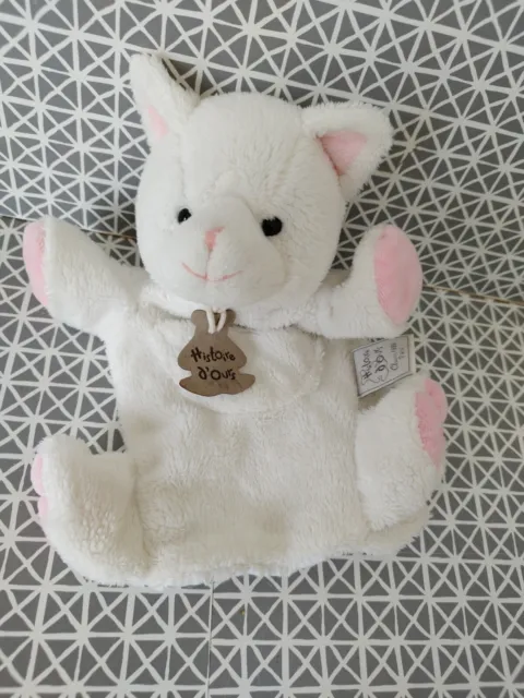 Doudou marionnette chat blanc rose Histoire  d'Ours