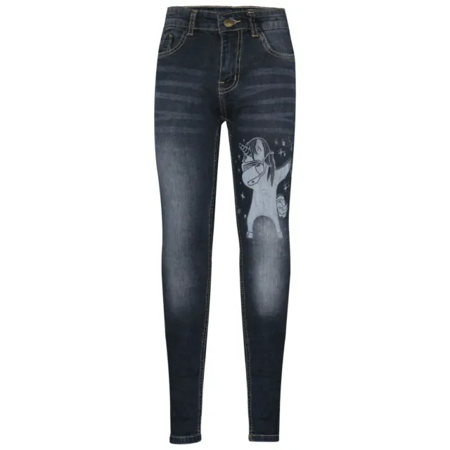 Kids Girls Black Jeans Designer's Unicorn Dab Floss Denim Stretchy Pants Trouser