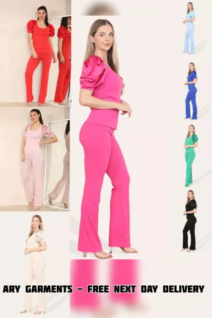 Womens Satin Frill Puff Sleeve Top Bottom Ribbed Co Ord Loungewear Tracksuit Set