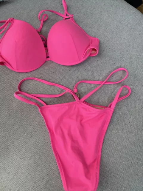 Victoria Secret bikini nuovo rosa top 36C fondo grande v diamante oro logo su