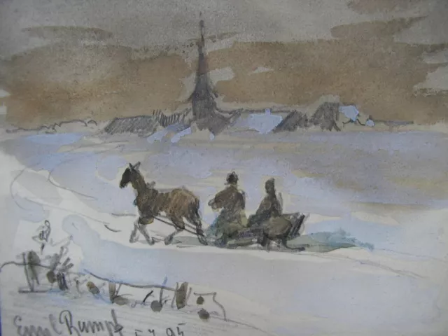 EMIL RUMPF  (1860 - 1948) PFERDESCHLITTEN  WINTER SIGNIERTES AQUARELL 90 x 85mm