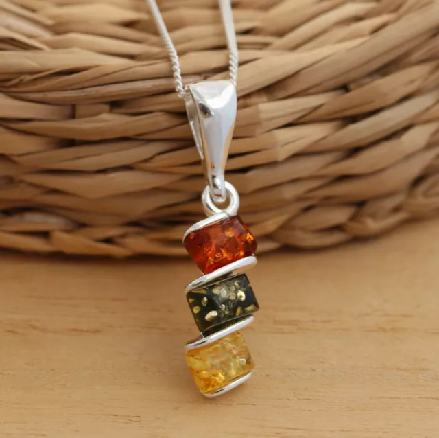 Natural Baltic Amber 925 Sterling Silver Pendant Chain Necklace Gift Boxed