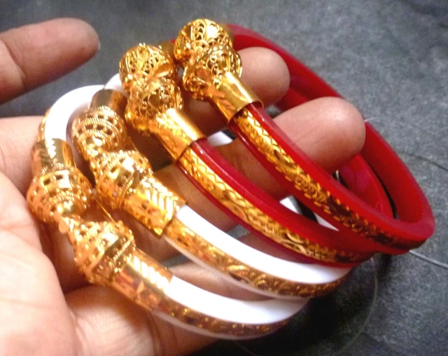 Indian Bengali Marriage Sankha Pola Red White Bangle Gold Fill 4 Pcs Churi 2.6'