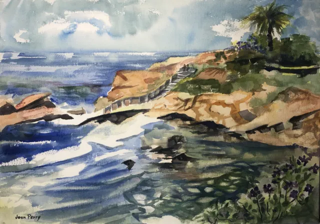 Original Art Watercolor Painting Seaside JOAN PERRY (1928-2019) 14” H x 20” W