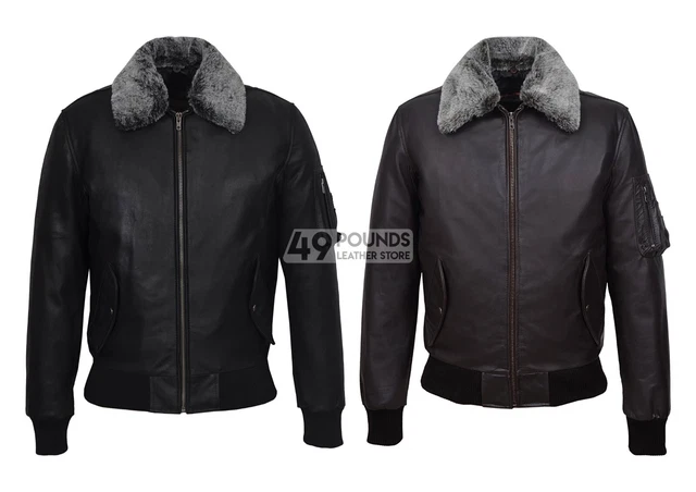 Men's Army Bomber Jacket Fur Collar REAL SKIPPER LEATHER Air Force PILOT Jacket