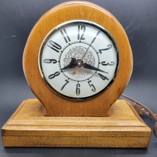 Vintage Lanshire Movement Self Starting Round Wood Mantel Clock Electric