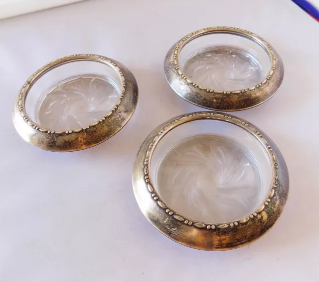 Set Of 3 Sterling Silver Amston Cut Glass Sun Burst Wine Bottle Coaster