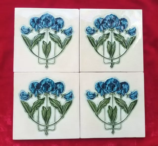 4 Piece Lot Old Art Flower Design Embossed Majolica Ceramic Tiles England 0381