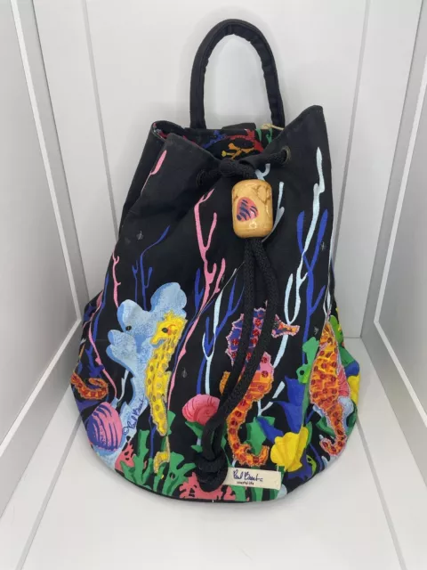 Paul Brent Black with Colorful Coral and Seahorses Canvas Backpack  Beach Tote 3