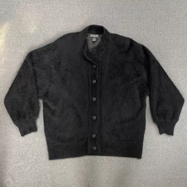 VTG 80s Venesha Black Angora Cardigan Button Up Sweater Jacket Lined Size XL