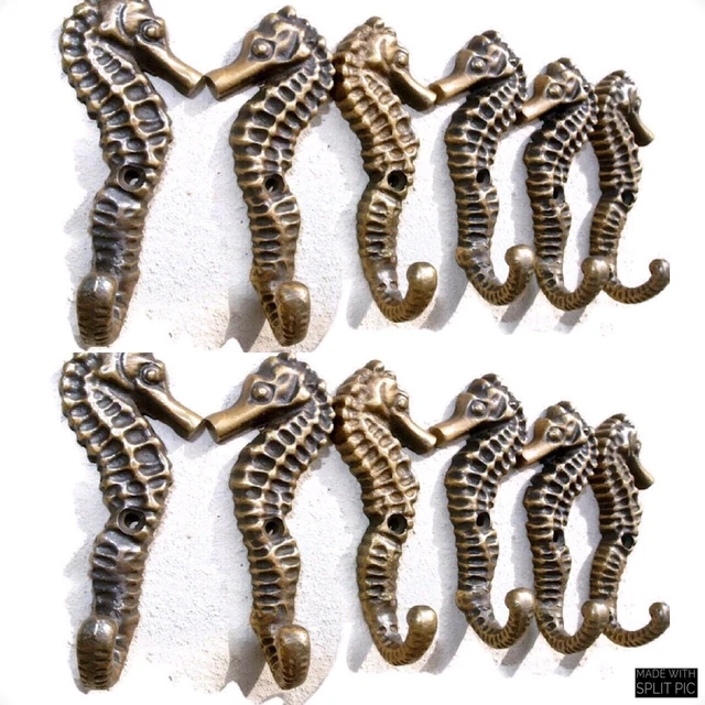 12 small SEAHORSE BRASS HOOK COAT WALL MOUNTED HANG TROPICAL old style hook 3" B