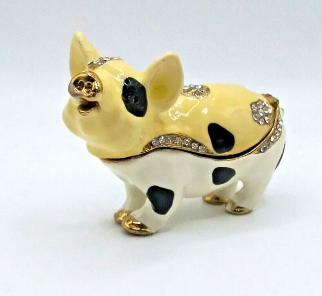 Beige & White Pig Enameled Bejeweled Trinket Box Hinged Lid  AS IS