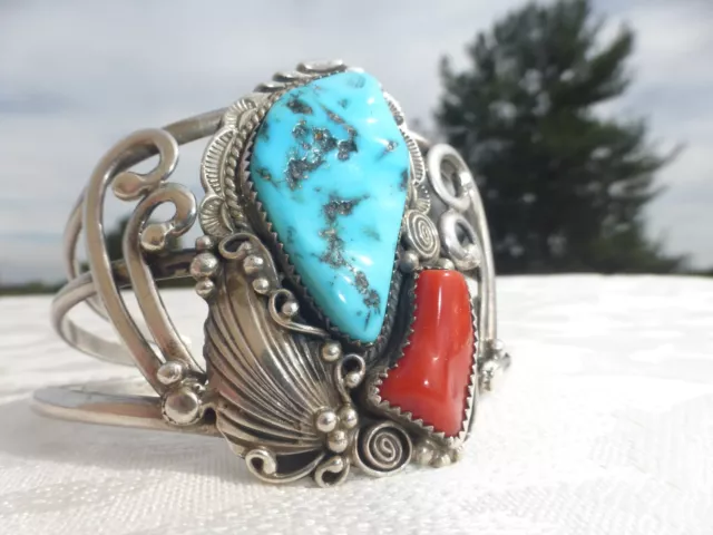 NATIVE AMERICAN STERLING SILVER TURQUOISE CORAL CUFF BRACELET NAVAJO LRG Signed