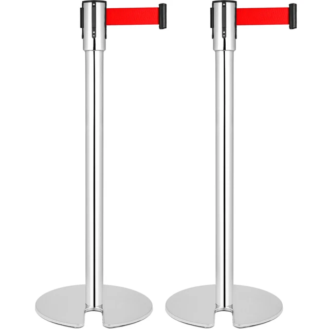 Poste separador 2 unidades en acero inoxidable con cinta extensible roja de 2 m