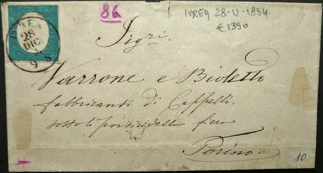 SARDINIA 28 DEC 1854 POSTAL WRAPPER WITH 20c RATE FROM IVREA TO TORINO - RARE!