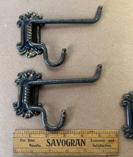 Victorian 3x Eastlake Swing Arm/Folding WALL HOOKS vtg cast iron steel vtg fancy 4