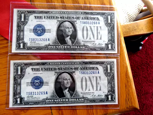 Two In Sequence 1928 A $1 Silver Certificate Funny Backs Crisp Uncirculated  H1