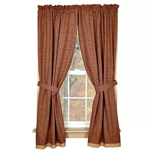 New Primitive Country Gingham Burgundy Tan Check Lace Panels Drapes Curtains 63"