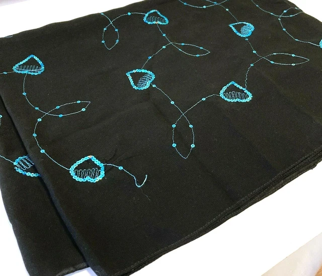 Black w/ Blue Sequin Silky Headscarf Square Head Covering Hijab Lightly Used 33"