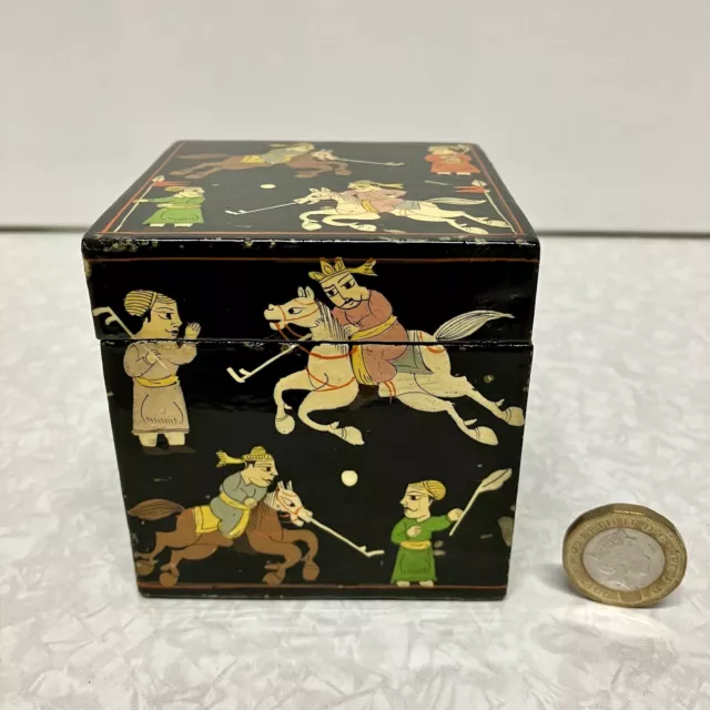 Antique Indian Papier Mache Box Decorated With Polo Players On Horses