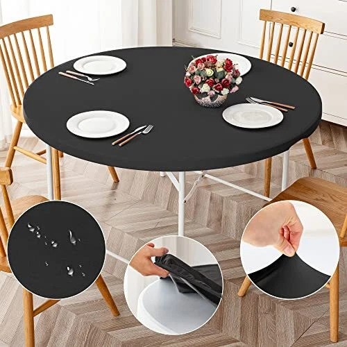 Round Fitted Tablecloth 2 Pack, Black Round Tablecloth with Elastic...