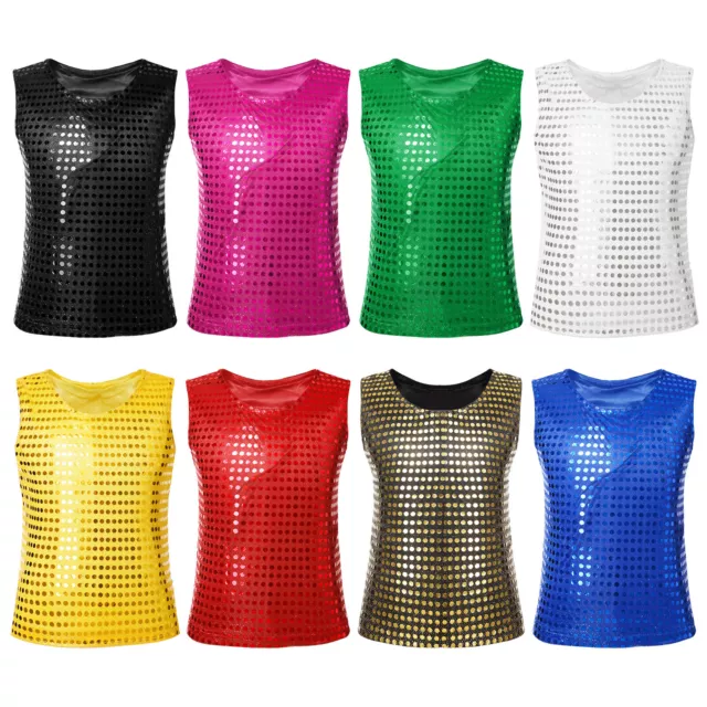 Kids Boys Girls Sparkly Sequin Dance Tank Tops Hip Hop Jazz Dance Vest Tops