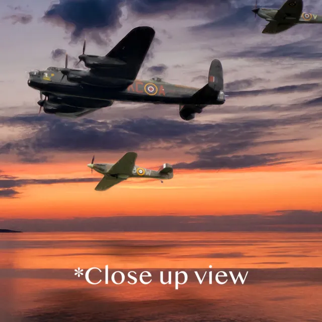 Lancaster Bomber Spitfire & Hurricane At Sunset Picture Framed Canvas Art Print 2