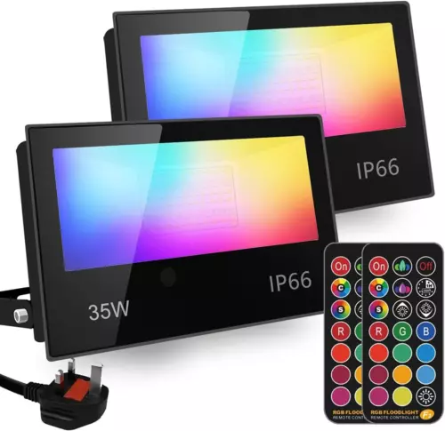 HEKEE LED Flood Light Outdoor 35W, Colour Changing RGB FloodLight, 2 Pack