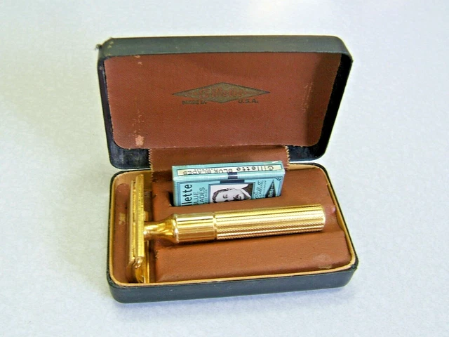 Vintage Gillette HEAVY GOLD TECH DE Safety Razor Set in Case 1940's