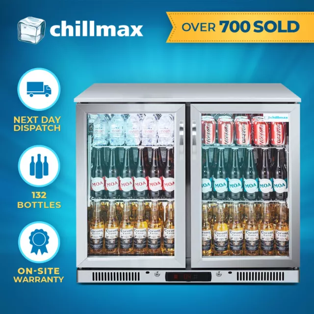 Chillmax SS Bar Fridge 2-Door Glass Beer Wine Undercounter Commercial