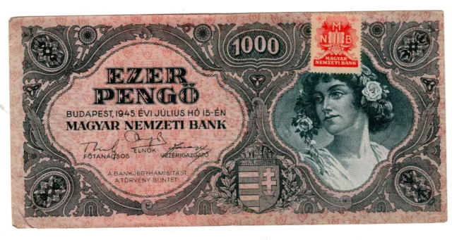 HONGRIE HUNGARY Billet 1000 PENGO 1945 P118  Avec TIMBRE STAMP  BON ETAT