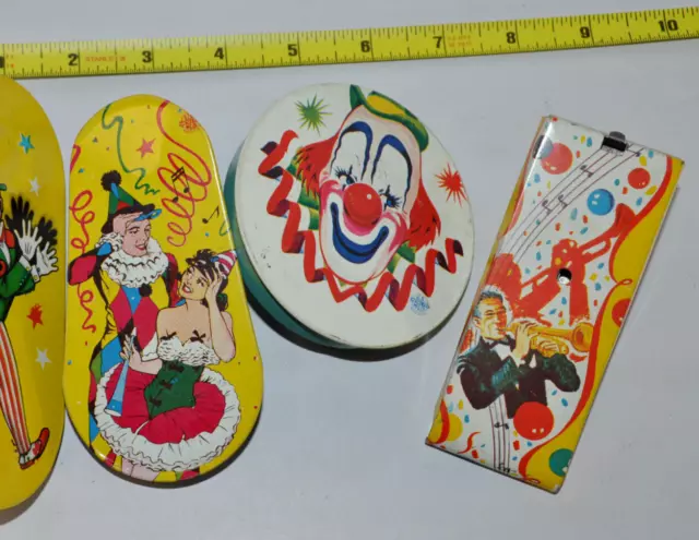 4x U.S. Metal Toy Mfg. Co. Tin Litho Noise Maker Spinning Rattle Ratchet Party