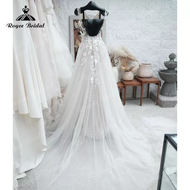 Beach A Line FLowy with V Neck Lace Appliques Backless Bridal Gown Wedding Dress 2