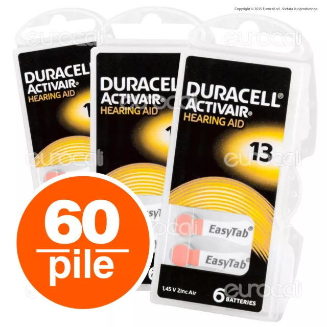 60 Batterie PILE Duracell Activair 13 per Apparecchi Acustici PROTESI udito PR48