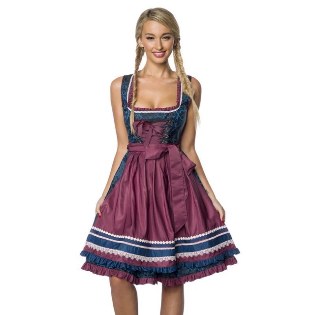 Dirndl Broccato Grembiule Volant Pizzo Di Dirndline Blu Rosso Scuro Tgl XL
