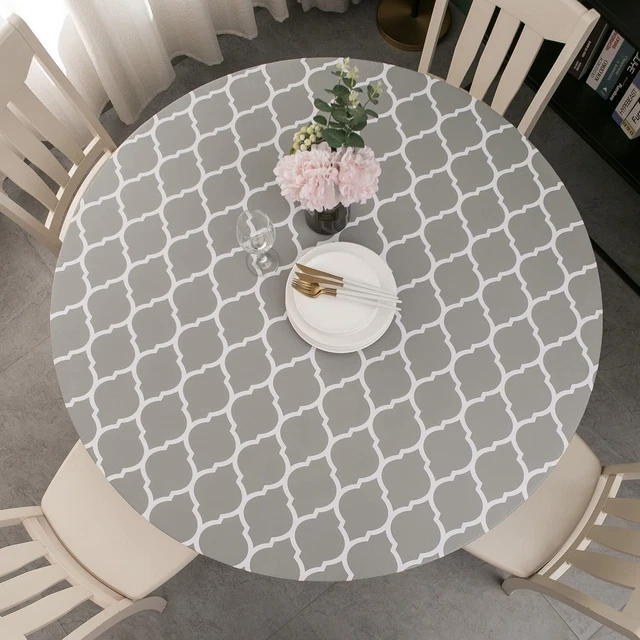 Round Vinyl Fitted Tablecloth with Flannel Backing Elastic Table Cloth Waterp...