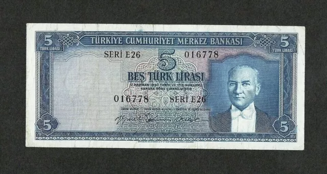 TURKEY 5 LIRASI L.1930 (ND 1959-1968) Prefix E26 P#173b VF+