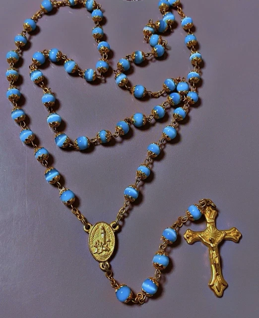 Pendentif Ancien Dizainier En Argent Avec Verre Bleu - Collier Mi-long Vintage De Style Victorien/catholique