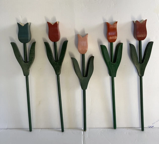 Vtg Lot Hand-Carved & Painted 3D TULIPS Spring Flowers Folk Art Wooden Craft