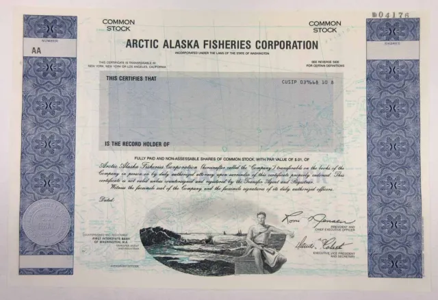 WA. Arctic Alaska Fisheries Corp., 1970s Odd Shrs Specimen Stock Certificate