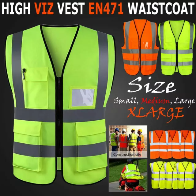 Hi Vis Viz Vest Safety Zip Executive Visibility Waistcoat Phone & Id Pocket